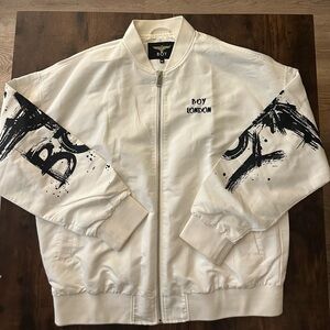 Boy London White Bomber Jacket with Black Sleeve Graphics